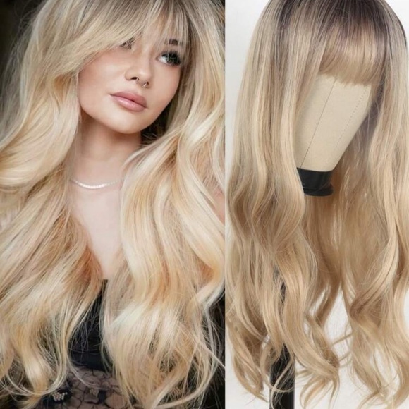 26” Balayage Light Blonde Wavy long Hair Wig & bangs Natural look for da… - Picture 9 of 10